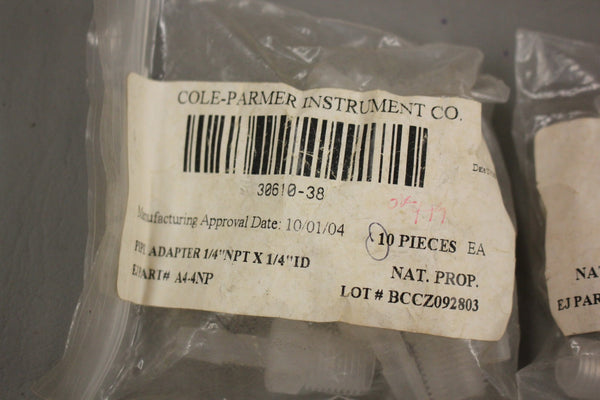 LOT OF 20 NEW COLE PARMER 30610-38 PIPE ADAPTERS 1/4 NPT X 1/4 ID