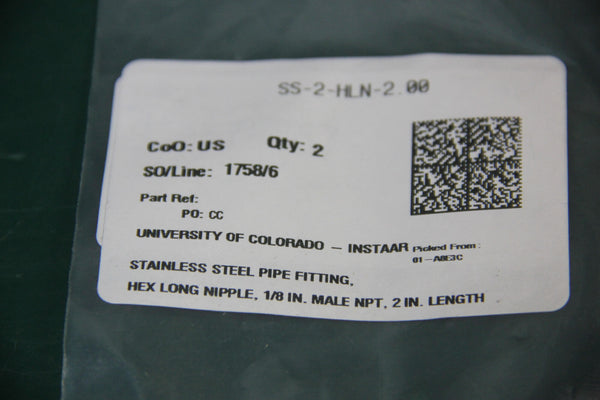 LOT OF (2) NEW SWAGELOK SS-2-HLN-1.50 STAINLESS STEEL HEX NIPPLE