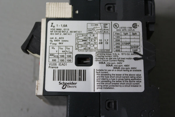 Telemecanique GV2ME06 1-1.6A Motor Control Circuit Breaker Disconnect