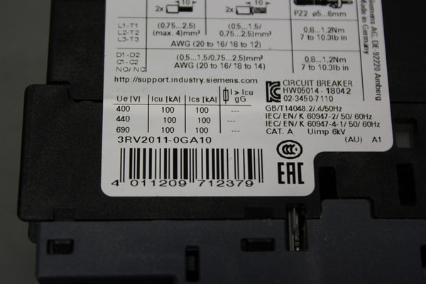 Unused SIEMENS SIRIUS CIRCUIT BREAKER 3RV2011-0GA10