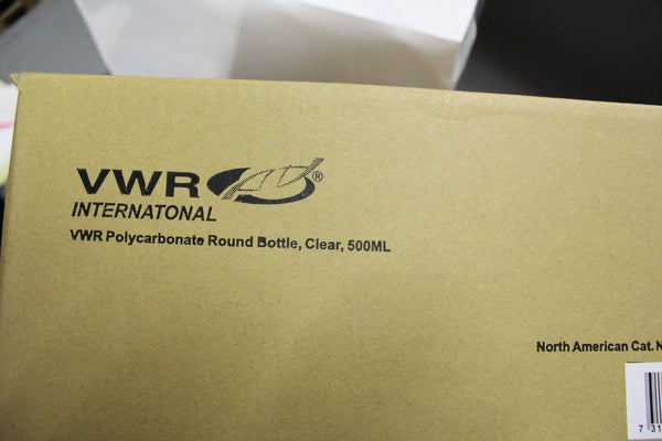 NEW LOT OF 12 VWR 500ML GRADUATED POLYCARBONATE CLEAR ROUND BOTTLES 30180-030