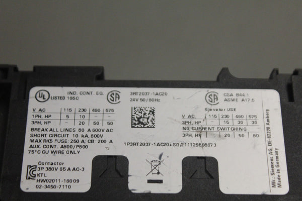 SIEMENS 3RT2037-1AC20 POWER CONTACTOR