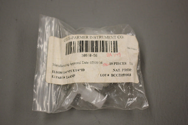 NEW LOT OF 7 COLE PARMER 30610-56 ELBOWS 1/4 NPT X 1/4 ID