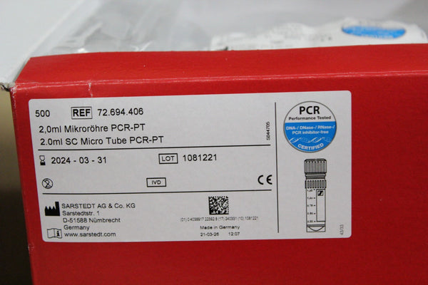 NEW CASE OF 1000 SARSTEDT 2ml MICRO TUBES PCR-PT 72.694.406