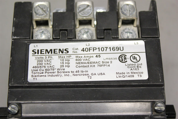 Siemens Furnace Control Contactor 40FP107169U