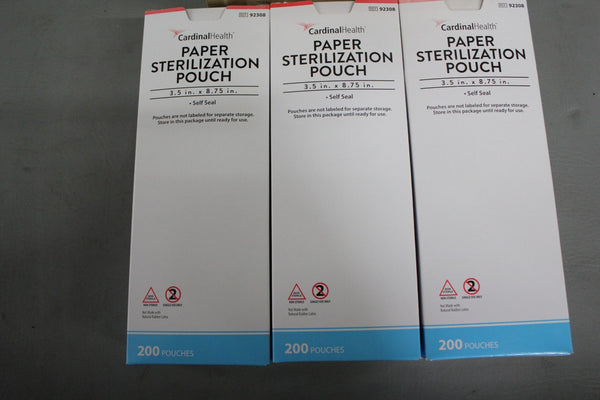 NEW CASE OF 600 CARDINAL HEALTH PAPER STERILIZATION POUCH 3.5IN X 8.75IN 92308