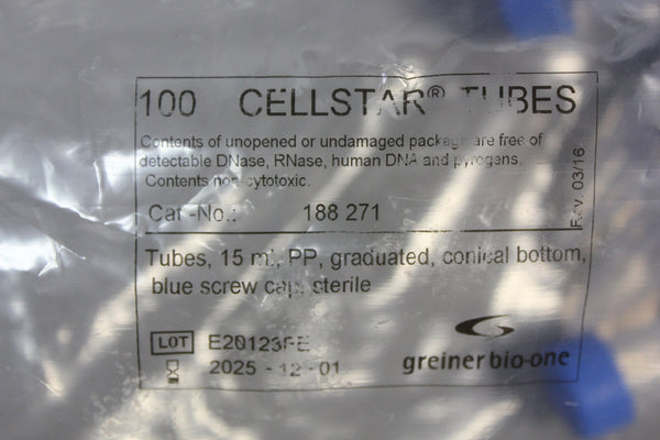 58- CELLSTAR GREINER BIO ONE TUBES 15ML GRADUATED CONICAL BOTTOM DNASE RNASE