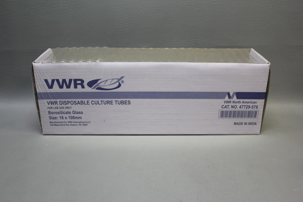 250 VWR 47729-576 CULTURE TUBES BOROSILICATE GLASS BOX 16X100MM