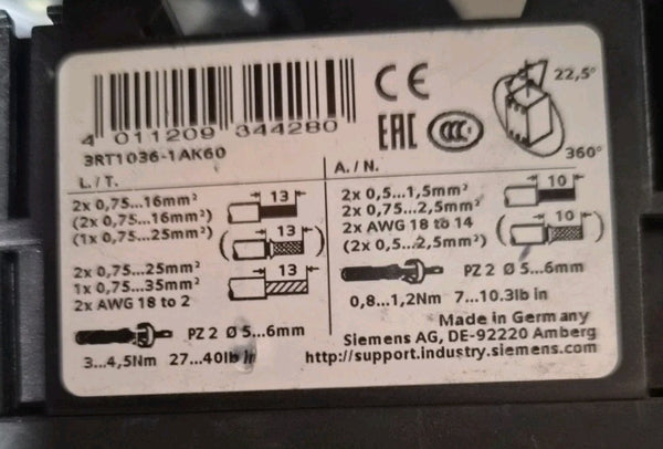 Siemens 3RT1036-1AK60 Contactor