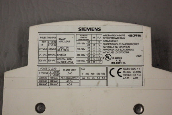 SIEMENS LIGHTING CONTACTOR 49LCPP2A