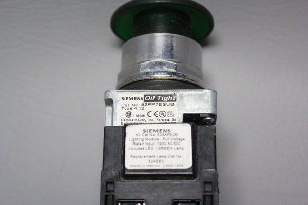 SIEMENS GREEN OIL TIGHT MUSHROOM HEAD PUSH BOTTON 52PP7ESUB W/ 52BAU