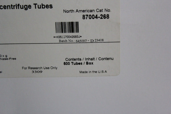 NEW BOX 500 VWR 1.7mL MICROCENTRIFUGE TUBES 87004-268