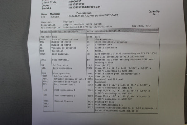 NEW BURKERT 3 WAY SANITARY STAINLESS STEEL DIAPHRAGM VALVE 1/2" 316L 10bar 2034