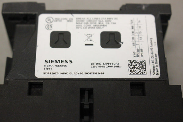 SIEMENS SIRIUS  NEMA CONTACTOR 3RT2027-1AP60-0UA0