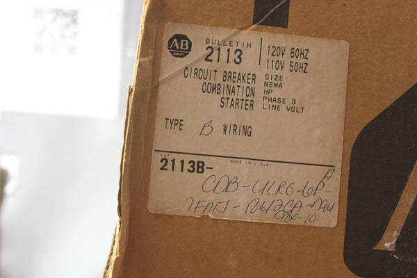 UNUSED ALLEN BRADLEY 2113 CIRCUIT BREAKER COMBINATION STARTER 2113B