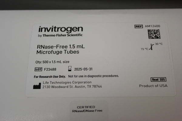 NEW BOX OF 500 1.5mL THERMO/INVITROGEN RNase-FREE MICROFUGE TUBES AM12400