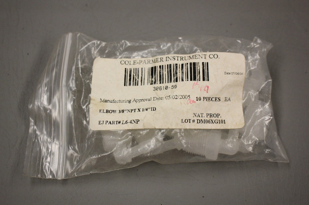 LOT OF 10 COLE PARMER 30610-59 ELBOWS 3/8 NPT X 1/4 ID
