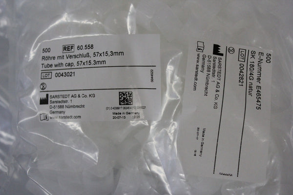 1000 NEW SARSTEDT CONICAL CENTRIFUGE TUBES W/CAP 57x15.3MM 60.558