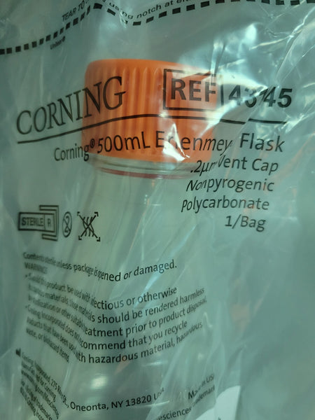 SEALED CORNING 431145 500 ML ERLENMEYER FLASK W/ VENT CAP POLYCARBONATE