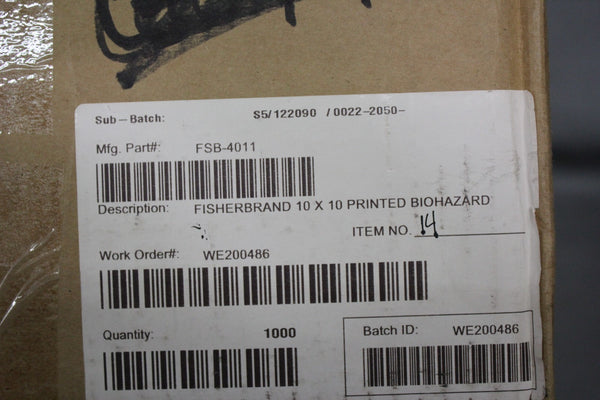 NEW CASE OF 1,000 FISHER BRAND 10x10 BIOHAZARD SPECIMEN BAGS FSB-4011