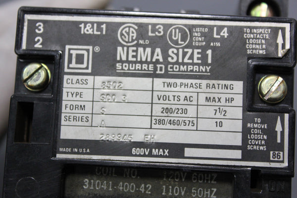 SQUARE D 600V CONTACTOR 8502 SC03 S A 120V COIL  (S9-2-82F)