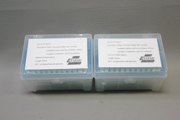 LOT OF 2 RACKS CRYSTAL 200 UL UNIVERSAL PIPETTE TIPS GAMMA PT-200-R 51MM