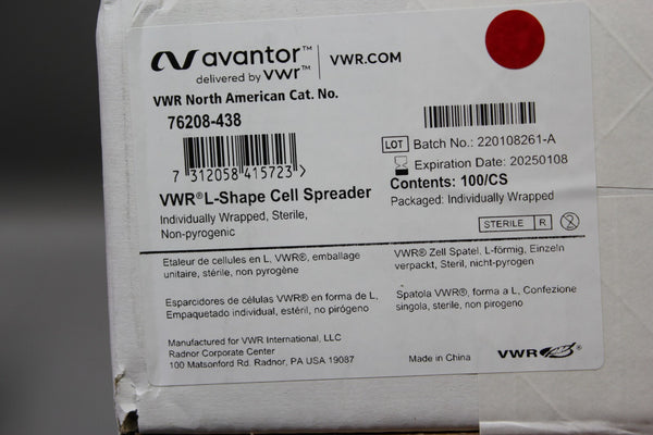NEW BOX OF 100 AVANTOR/VWR L-SHAPE CELL SPREADER 76208-438