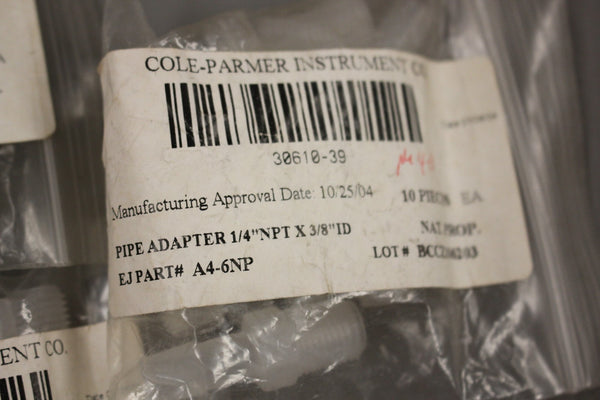 LOT OF 30 NEW COLE PARMER 30610-39 PIPE ADAPTERS 1/2NPT X 3/8 ID