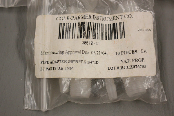 LOT OF 20 NEW COLE PARMER 30610-41 PIPE ADAPTERS 3/8 NPT X 1/4 ID