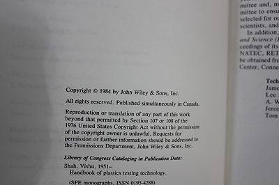 HANDBOOK OF PLASTICS TESTING TECHNOLOGY SHAH 1984  HARDCOVER (S8-2-54E)